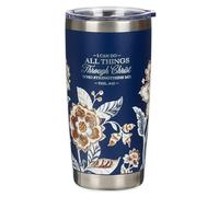 Christian Art Gifts Stainless Steel Scripture Tumbler Travel Mug for Women: All Things Through Christ Inspirational Bible Verse, Double-wall Vacuum Insulated w/Lid Hot/Cold, Navy Blue Floral, 18oz.