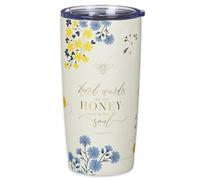 Christian Art Gifts Stainless Steel Scripture Tumbler Travel Mug for Women: Kind Words Bible Verse, Cute Bumble Bee, Double-wall Vacuum Insulated, Lid, Hot/Cold, Creamy White Multicolor Floral, 18oz.