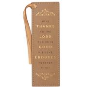 Christian Art Gifts Tan Faux Leather Floral Bookmark for Women: Give Thanks - Psalm 106:1 Inspirational Bible Verse, Heat-Debossed & Golden Accents with Light Sandy Tan Satin Ribbon Reading Accessory