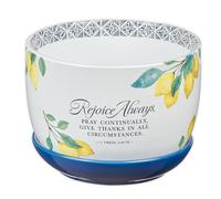 Christian Art Gifts Two Piece White Ceramic Table Top Scripture Planter Pot & Detachable Navy Blue Saucer Tray for Women: Rejoice Always Bible Verse Indoor & Outdoor Plant, Drainage Hole, Yellow Lemon