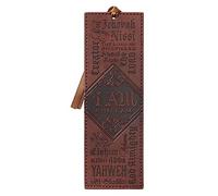 Christian Art Gifts Vegan Faux Leather Scripture Bookmark for Men: Names of God - Exodus 34:5 Inspirational Bible Verse Heat-Debossed, Faith-Base Reading Book Accessory with Satin Ribbon Tassel, Brown