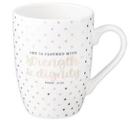 Christian Art Gifts White Polka Dots Ceramic Coffee Mug - 12 oz. Lead and Cadmium-free Inspirational Scripture Coffee and Tea Mug for Men & Women with Bible Verse: Strength & Dignity - Proverbs 31:25