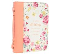 Christian Art Gifts Women's Fashion Bible Cover He Works All Things for Good Romans 8:28, Peach Floral Faux Leather, XL