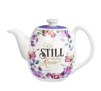 Christian Art Gifts Women's White Ceramic Teapot for One: Be Still and Know - Psalm 46:10 Inspirational Bible Verse, Novelty/Vintage Purple Rose Flower w/Golden Foil for Hot & Cold Liquids, 32 oz.