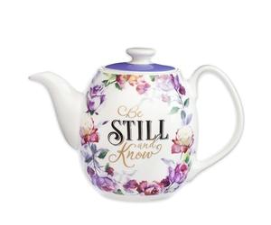 Christian Art Gifts Women's White Ceramic Teapot for One: Be Still and Know - Psalm 46:10 Inspirational Bible Verse, Novelty/Vintage Purple Rose Flower w/Golden Foil for Hot & Cold Liquids, 32 oz.