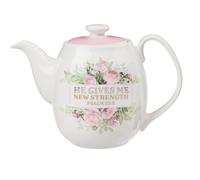 Christian Art Gifts Women's White Ceramic Teapot for One: He Gives Me New Strength - Psalm 23:3 Inspirational Bible Verse, Novelty/Vintage Pink Rose Flower Bouquet w/Golden Foil for Hot & Cold, 32 oz.