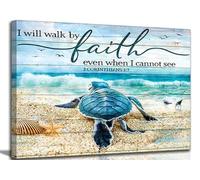 Christian Bible Inspirational Canvas Wall Art Teal Turtle Motivational Quotes I Will Walk By Faith Blue Beach Scenery Painting Picture Wall Decor poster print artwork for Bathroom Office