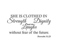 Christian Bible Verse Proverbs 32：25 Wall Decal She is Clothed in Strength and Dignity Laugh Future Inspired Quote Wall Large - 46x89cm