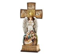 Christian Brands Beautiful Christmas 14" H Tabletop Nativity Cross. One Piece Nativity Set with Figures of The Holy Family and and Holy Spirit Angel and Detailed Carvings of Three Kings, Shepherds