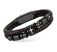 Christian Brown Leather Bracelet for Men - Double-Row Braided Leather Faith Cross Bracelets Bangle Religious Baptism Inspirational Bible Verse Jewelry Gift for Young Men Teenage, Adjustable Wristband