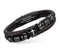 Christian Brown Leather Bracelet for Men - Double-Row Braided Leather Faith Cross Bracelets Bangle Religious Baptism Inspirational Bible Verse Jewelry Gift for Young Men Teenage, Adjustable Wristband