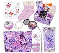 Christian Butterfly Birthday Gifts for Women - Inspirational Gift Purple Butterfly Box Include Tumbler Cup Keychain Cosmetic Bag Socks, Spa Basket Religious Present for Mom Sister Friend Wife Girl