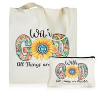 Christian Canvas Tote Bag with Makeup Bag, Tote Bible Shopping Bag & Make up Zipper Cosmetic Bags Set, Christian Gifts for Women Inspirational Spiritual Religious Bag Gifts for Her Mom Friends Sister