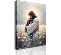 Christian Canvas Wall Art -His Love- Jesus Hugging Girl Painting Safe Haven Posters Bible Prints Jesus Picture Jesus with Children Wall Decor framed