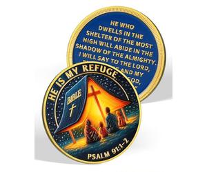 Christian Challenge Coin - Psalm 91:1-2 | He Is My Refuge Coin, Cross & Bible Design, Divine Shelter, Devout Religious Gifts for Men & Women