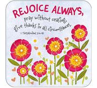 Christian Coasters, Pack of 6 cork coasters, Rejoice Always, with Bible verse 1 Thessalonians 5:16-18. Beautiful Christian gifts for women or men, by Just Cards Direct
