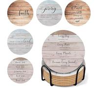 Christian Coasters - Wooden Coasters, Christian Gifts, Coaster for Drinks with Bible Verses, Bulk Christians Cork Drink Coaster Set, with Holder, for Home Indoor Pastor Teacher Church Present 6ps