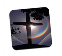 Christian Cross Against Sun with Beautiful Rainbow Effect Single Coaster