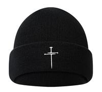Christian Cross Beanies Women Hat Embroidery Nail Cross Winter Warm Knit Cuffed Skull Cap for Men One Size Black Beanie Hats Jesus Faith Gift Accessories