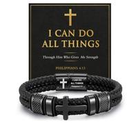 Christian Cross Bracelet for Men, Bible Verse Black Leather Bracelet Gift, Fits Wrist 7.1-7.5 Inches, Leather, no gemstone