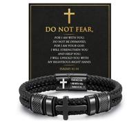 Christian Cross Bracelet for Men, Bible Verse Black Leather Bracelet Gift, Fits Wrist 7.1-7.5 Inches, Leather, no gemstone