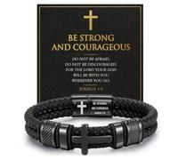 Christian Cross Bracelet for Men, Bible Verse Black Leather Bracelet Gift, Fits Wrist 7.1-7.5 Inches, Leather, no gemstone
