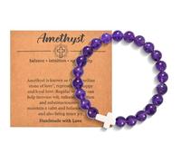 Christian Cross Bracelet for Women & Men - Natural Bead, Religious Cross Healing, Stretch Charm Crystal Anxiety Bracelets for Birthday, Christmas, Christian, Easter Gifts - Amethyst