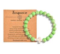 Christian Cross Bracelet for Women & Men - Natural Bead, Religious Cross Healing, Stretch Charm Crystal Anxiety Bracelets for Birthday, Christmas, Christian, Easter Gifts - Turquoise