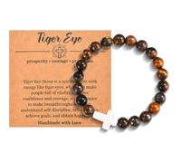 Christian Cross Bracelet for Women & Men - Natural Bead, Religious Cross Healing, Stretch Charm Crystal Anxiety Bracelets for Birthday, Christmas, Christian, Easter Gifts, Tiger Eye
