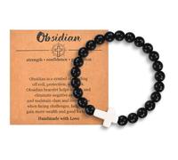 Christian Cross Bracelet for Women & Men - Natural Bead, Religious Cross Healing, Stretch Charm Crystal Anxiety Bracelets for Birthday, Christmas, Christian, Easter Gifts, Obsidian