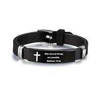Christian Cross Bracelet with Proverbs 3:5, Phillipians 4:13, Matthew 19:26, Isaiah 41:10, Luke 1:37, Matthew 28:20 Scripture, Black Silicone Adjustable Watch Band, 9.05 inch Length, Adjustable