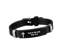 Christian Cross Bracelet with Proverbs 3:5, Phillipians 4:13, Matthew 19:26, Isaiah 41:10, Luke 1:37, Matthew 28:20 Scripture, Black Silicone Adjustable Watch Band, 9.05 inch Length, Adjustable