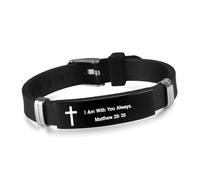 Christian Cross Bracelet with Proverbs 3:5, Phillipians 4:13, Matthew 19:26, Isaiah 41:10, Luke 1:37, Matthew 28:20 Scripture, Black Silicone Adjustable Watch Band, 9.05 inch Length, Adjustable
