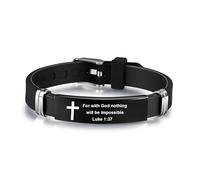 Christian Cross Bracelet with Proverbs 3:5, Phillipians 4:13, Matthew 19:26, Isaiah 41:10, Luke 1:37, Matthew 28:20 Scripture, Black Silicone Adjustable Watch Band, 9.05 inch Length, Adjustable