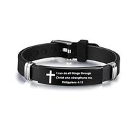 Christian Cross Bracelet with Proverbs 3:5, Phillipians 4:13, Matthew 19:26, Isaiah 41:10, Luke 1:37, Matthew 28:20 Scripture, Black Silicone Adjustable Watch Band, 9.05 inch Length, Adjustable