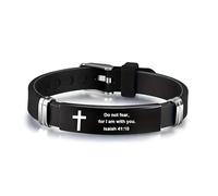 Christian Cross Bracelet with Proverbs 3:5, Phillipians 4:13, Matthew 19:26, Isaiah 41:10, Luke 1:37, Matthew 28:20 Scripture, Black Silicone Adjustable Watch Band, 9.05 inch Length, Adjustable
