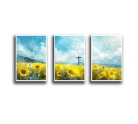 Christian cross in sunflower field Set Of 3 faith hope love religion nature landscape God Jesus Christ belief spirituality yellow blue sky summer spring painting abstract art floral flower UnFrame