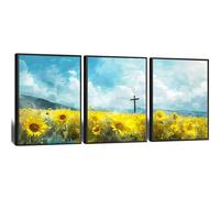 Christian cross in sunflower field Set Of 3 faith hope love religion nature landscape God Jesus Christ belief spirituality yellow blue sky summer spring painting abstract art floral flower Framed