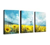 Christian cross in sunflower field Set Of 3 faith hope love religion nature landscape God Jesus Christ belief spirituality yellow blue sky summer spring painting abstract art floral flower Framed