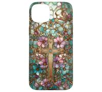 Christian Cross Mosaic Stained Glass Wildflower Floral Case for iPhone 15 Plus