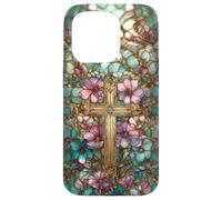 Christian Cross Mosaic Stained Glass Wildflower Floral Case for iPhone 15 Pro