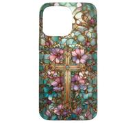 Christian Cross Mosaic Stained Glass Wildflower Floral Case for iPhone 15 Pro Max
