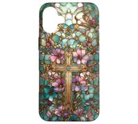 Christian Cross Mosaic Stained Glass Wildflower Floral Case for iPhone 16 Plus