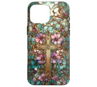 Christian Cross Mosaic Stained Glass Wildflower Floral Case for iPhone 16 Pro Max