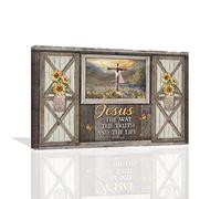 Christian Cross Wall Art Rustic Window Sunflower Religious Canvas Wall Decoration Scripture Bible Verse Pictures Print Painting Framed Artwork Home Decoration for Bedroom Living Room 40.6 cm (16