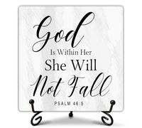 Christian Desk Decor, God Is Within Her She Will Not Fall Sign, Christian Room Decor, Inspirational Gifts for Women Men, Family Friends Colleagues, Funny Wooden Signs for Office Desk Accessories-C23