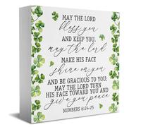 Christian Desk Decor, Numbers 6:24-25 Bible Verse Wooden Block Sign, St Patricks Day Decorations Clover Theme Irish Prayer Printed Wood Wall Art Sign Home Office Decoration 5.1x 5.1 Inches