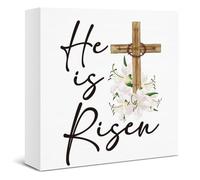 Christian Easter Decor Sign - Religious He Is Risen Wooden Sign - Christian Spring Easter Decorations for Home Farmhouse Table Desk Shelf 5 X 5 Inch