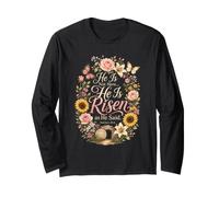 Christian Easter He is Risen Matthew 28:6 Floral Wreath Long Sleeve T-Shirt