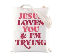 Christian Faith Jesus Tote Bag Church Humor Gift Bible Verse Gift Bible Church Trying Gift Religious Women Handbag (Jesus Loves)